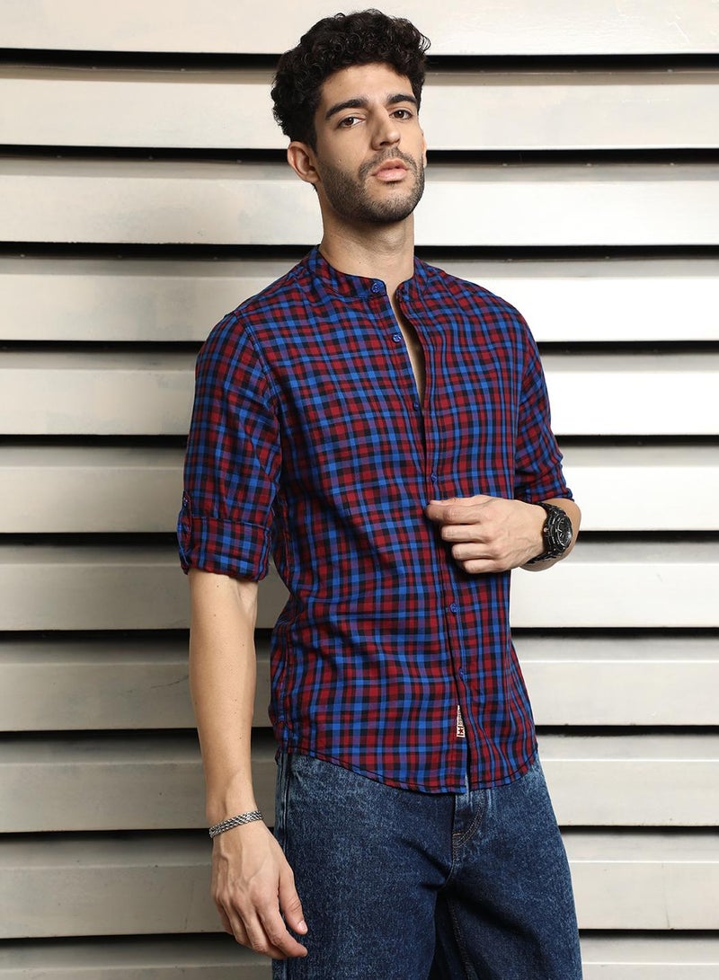 Men Mandarin Collar Checked Pure Cotton Casual Shirt