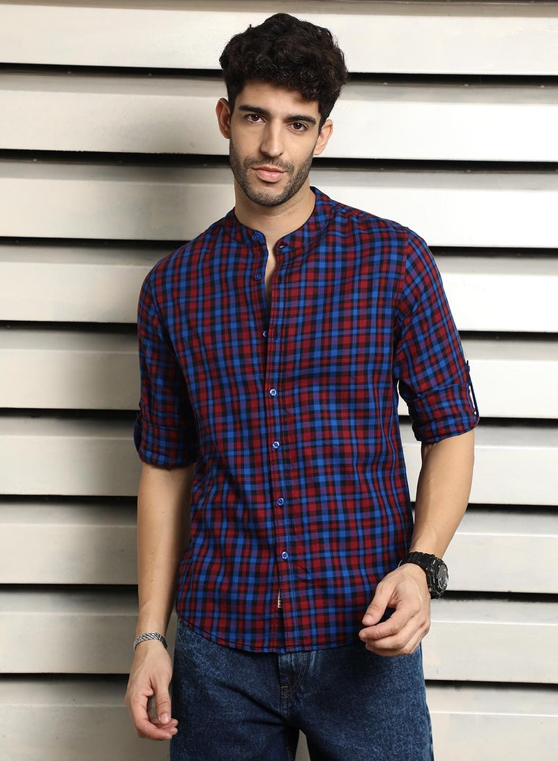 Men Mandarin Collar Checked Pure Cotton Casual Shirt