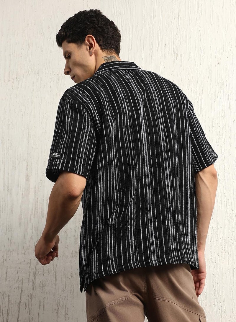 Chrochet Striped Cotton Half Sleeve Shirt