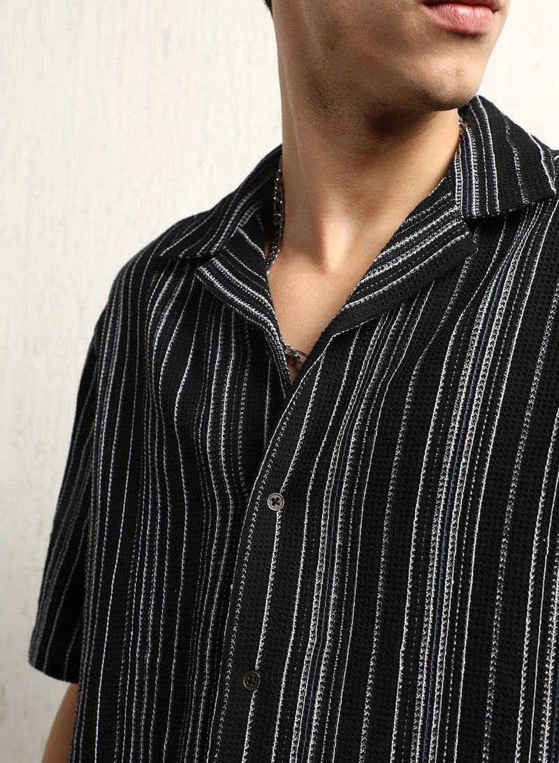 Chrochet Striped Cotton Half Sleeve Shirt