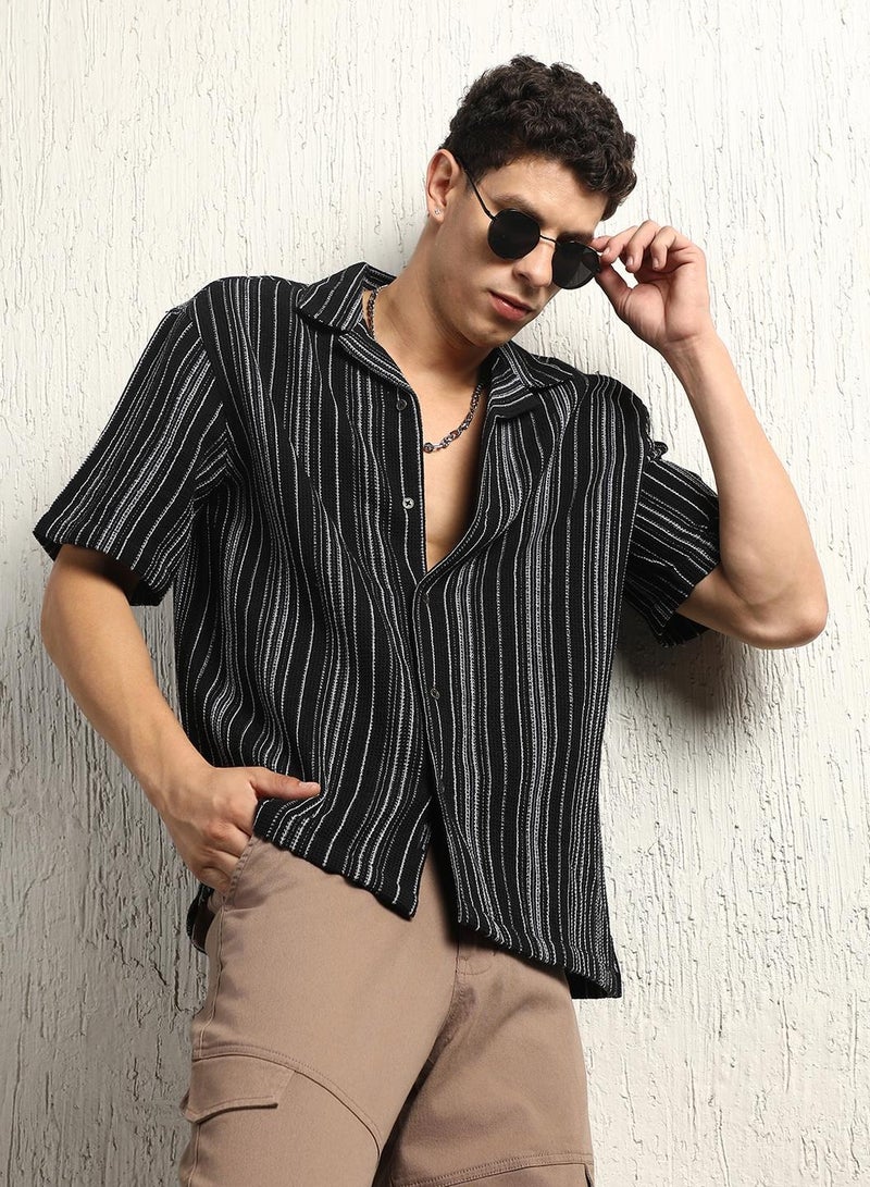 Chrochet Striped Cotton Half Sleeve Shirt