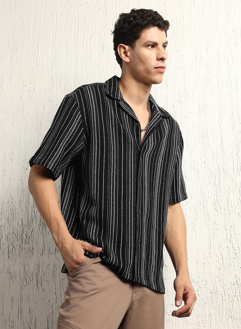 Chrochet Striped Cotton Half Sleeve Shirt