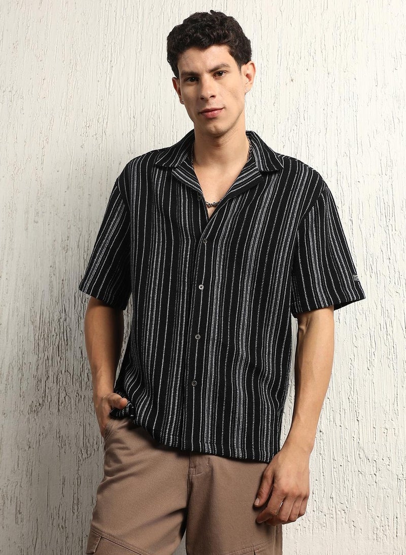 Chrochet Striped Cotton Half Sleeve Shirt