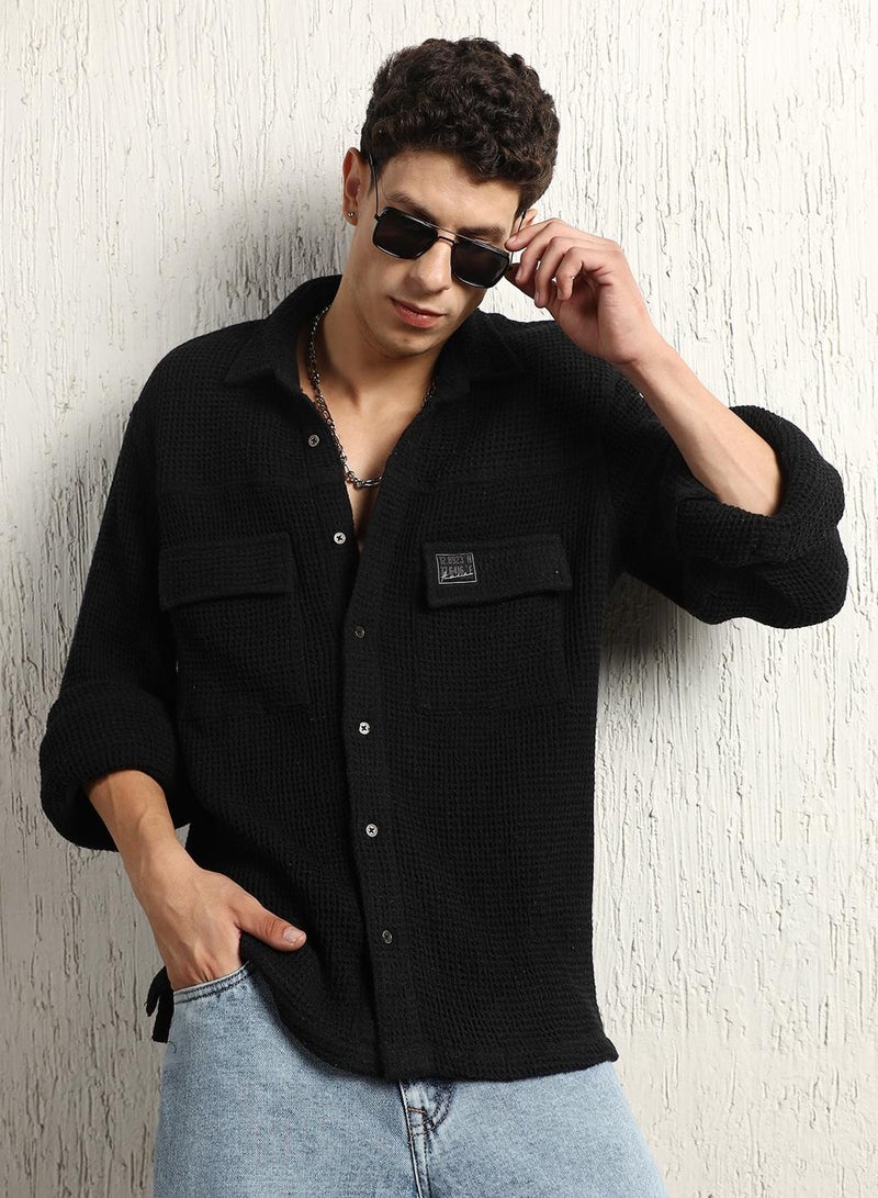 Oversized Cotton Casual Waffel Double Pocket Full Sleeve Shirt