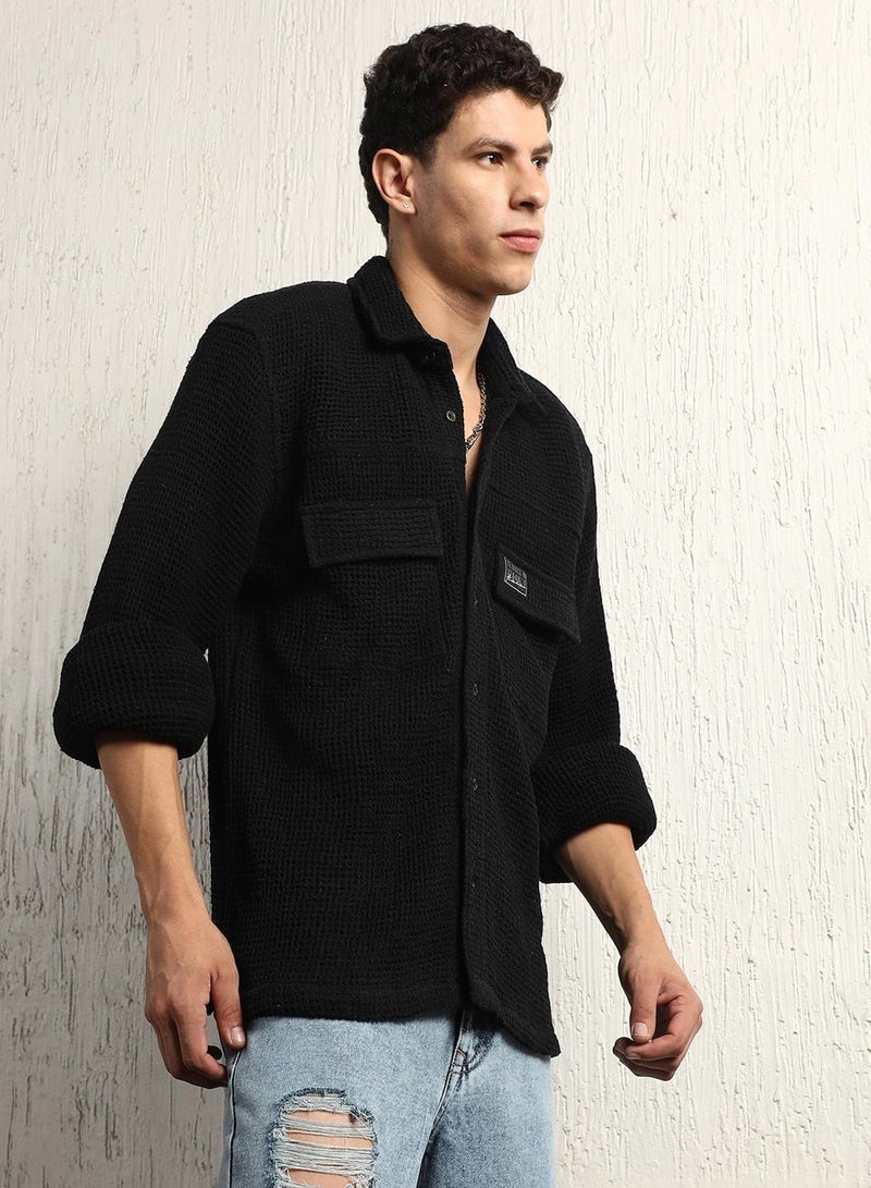 Oversized Cotton Casual Waffel Double Pocket Full Sleeve Shirt