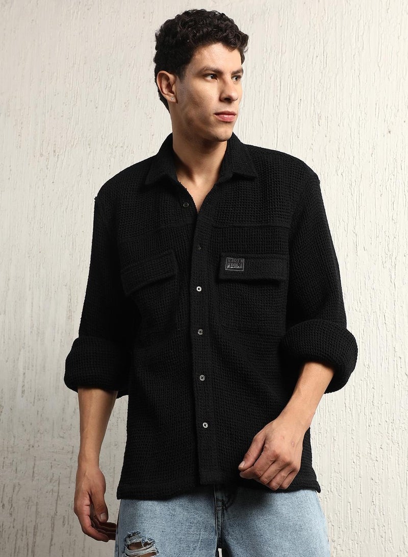 Oversized Cotton Casual Waffel Double Pocket Full Sleeve Shirt