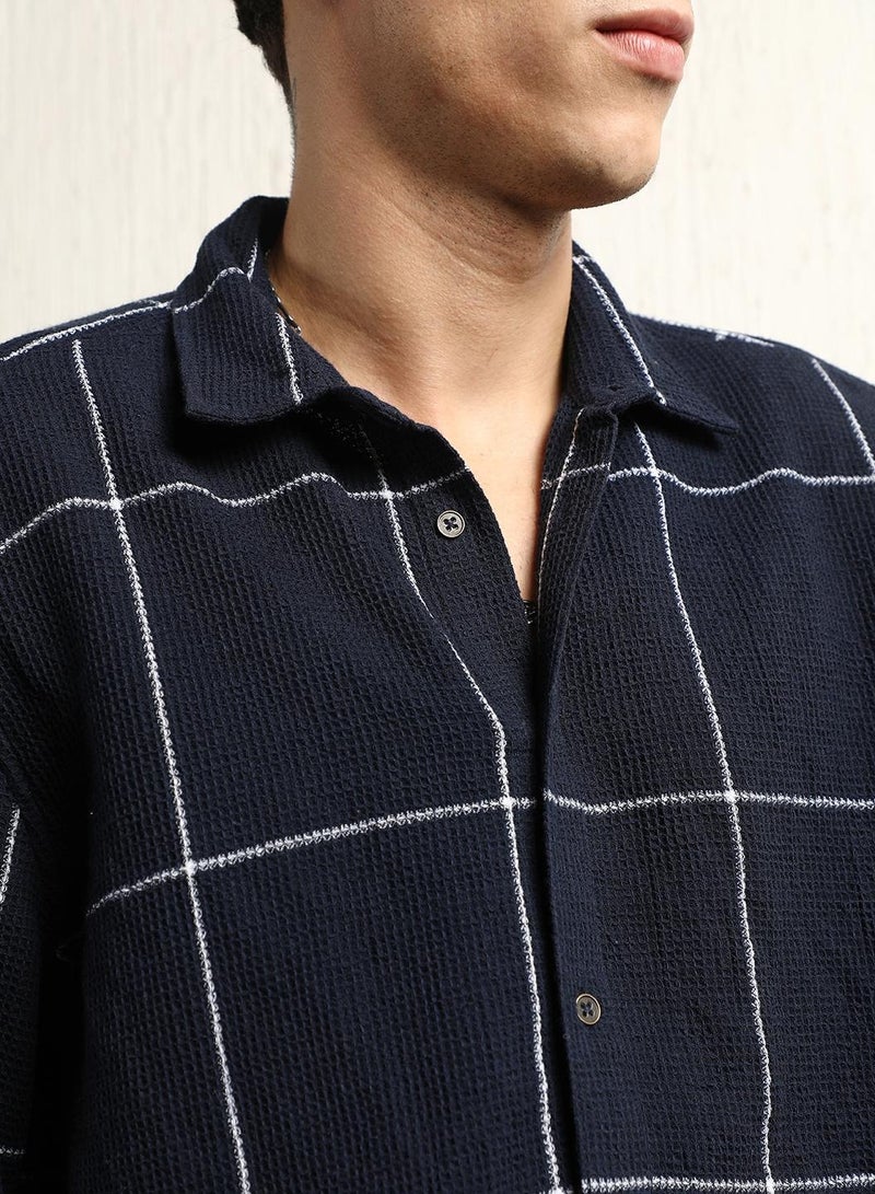 Oversized Cotton Casual Check Waffel Double Pocket Full Sleeve Shirt