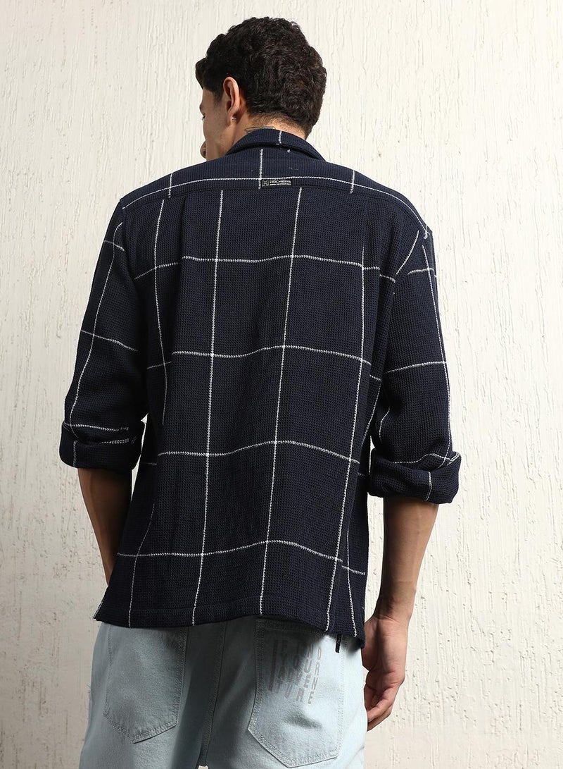 Oversized Cotton Casual Check Waffel Double Pocket Full Sleeve Shirt