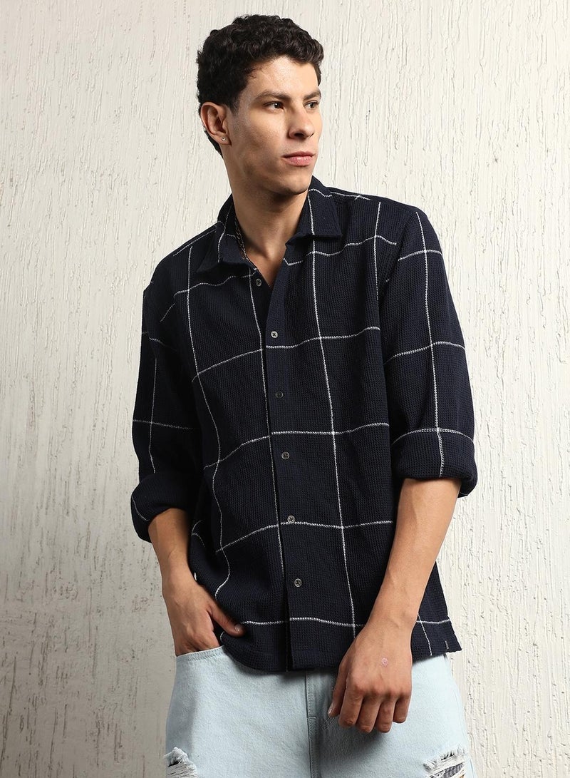 Oversized Cotton Casual Check Waffel Double Pocket Full Sleeve Shirt