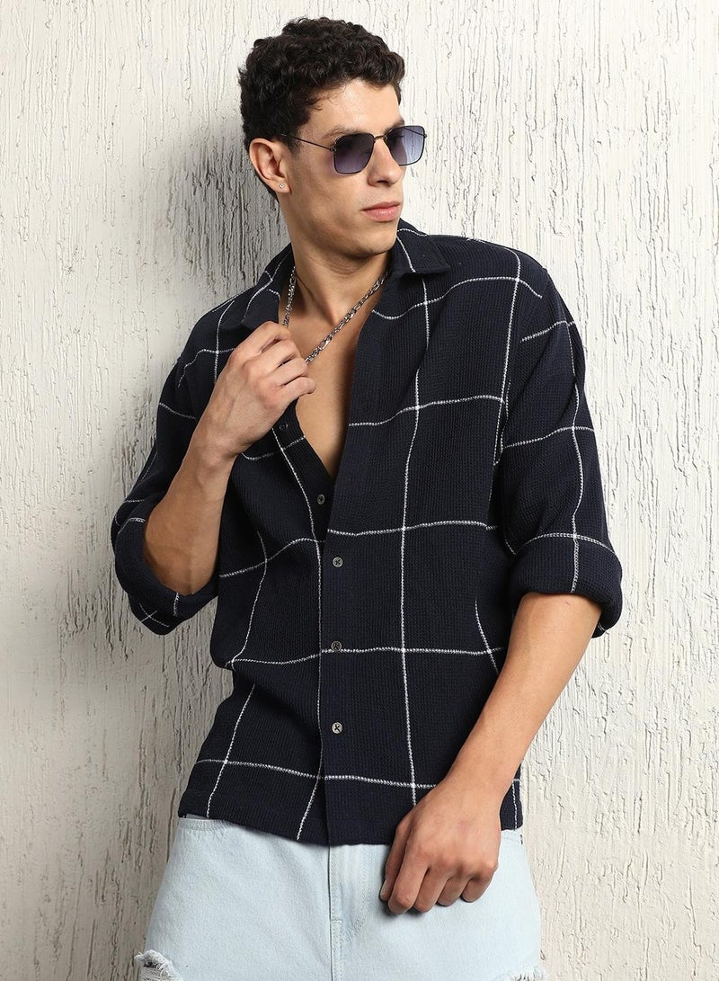 Oversized Cotton Casual Check Waffel Double Pocket Full Sleeve Shirt