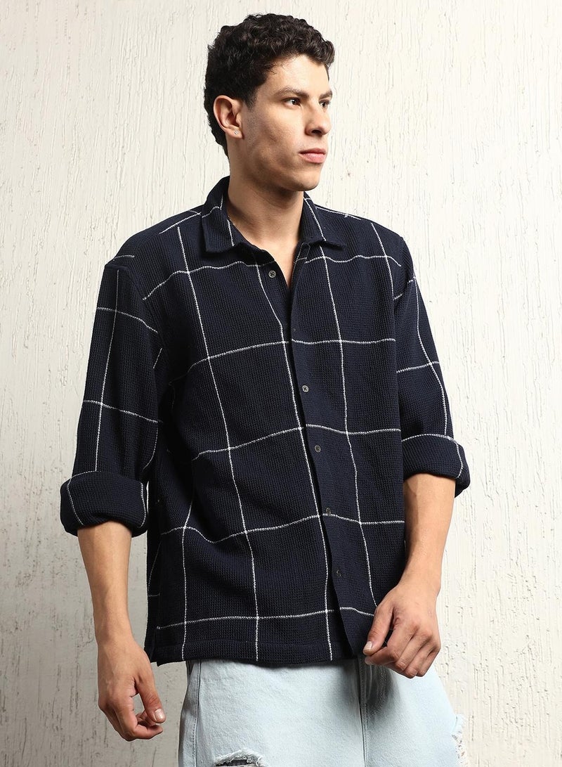 Oversized Cotton Casual Check Waffel Double Pocket Full Sleeve Shirt