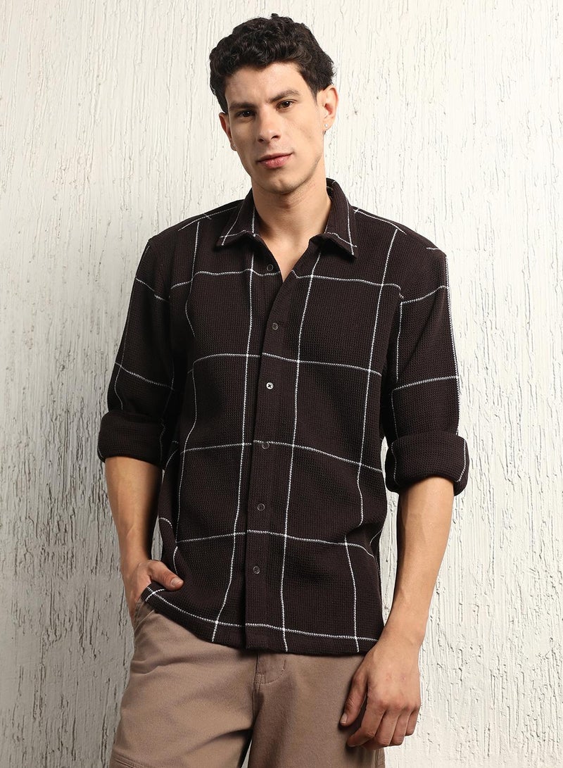 Oversized Cotton Casual Check Waffel Double Pocket Full Sleeve Shirt