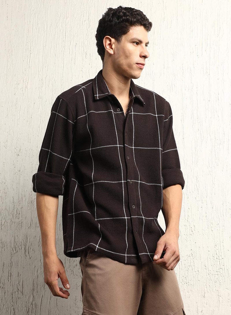 Oversized Cotton Casual Check Waffel Double Pocket Full Sleeve Shirt