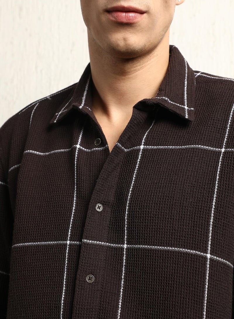 Oversized Cotton Casual Check Waffel Double Pocket Full Sleeve Shirt