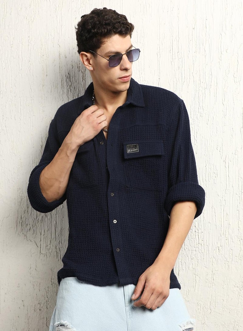 Oversized Cotton Casual Waffel Double Pocket Full Sleeve Shirt