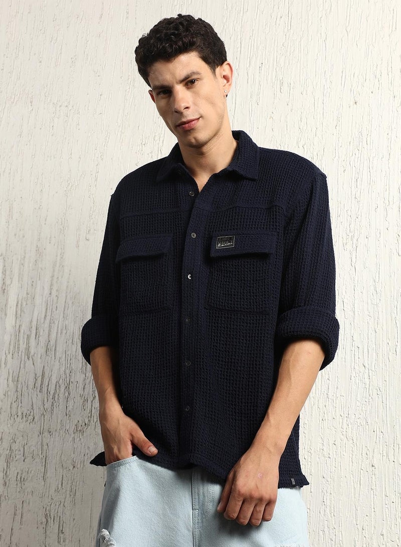 Oversized Cotton Casual Waffel Double Pocket Full Sleeve Shirt