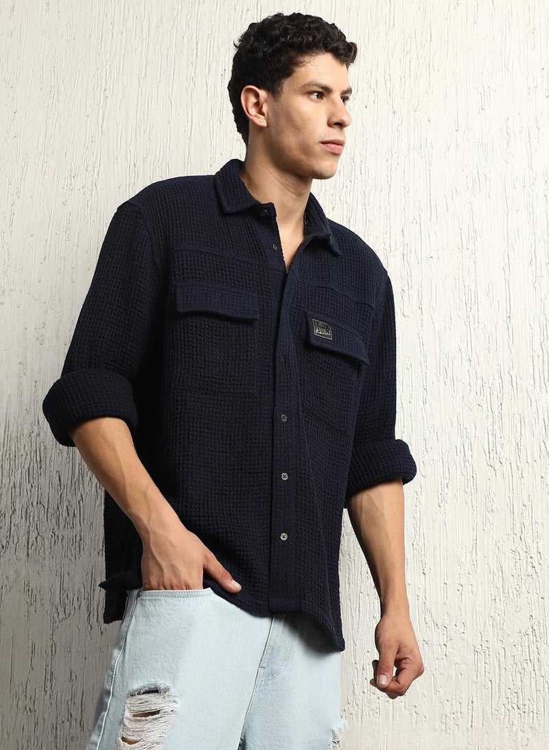 Oversized Cotton Casual Waffel Double Pocket Full Sleeve Shirt