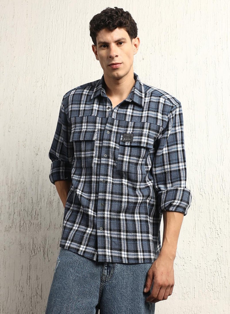 Oversized Cotton Casual Check Waffel Double Pocket Full Sleeve Shirt