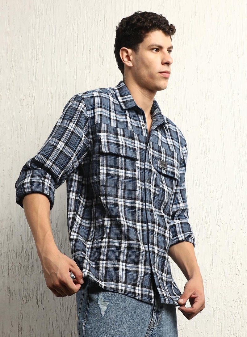 Oversized Cotton Casual Check Waffel Double Pocket Full Sleeve Shirt