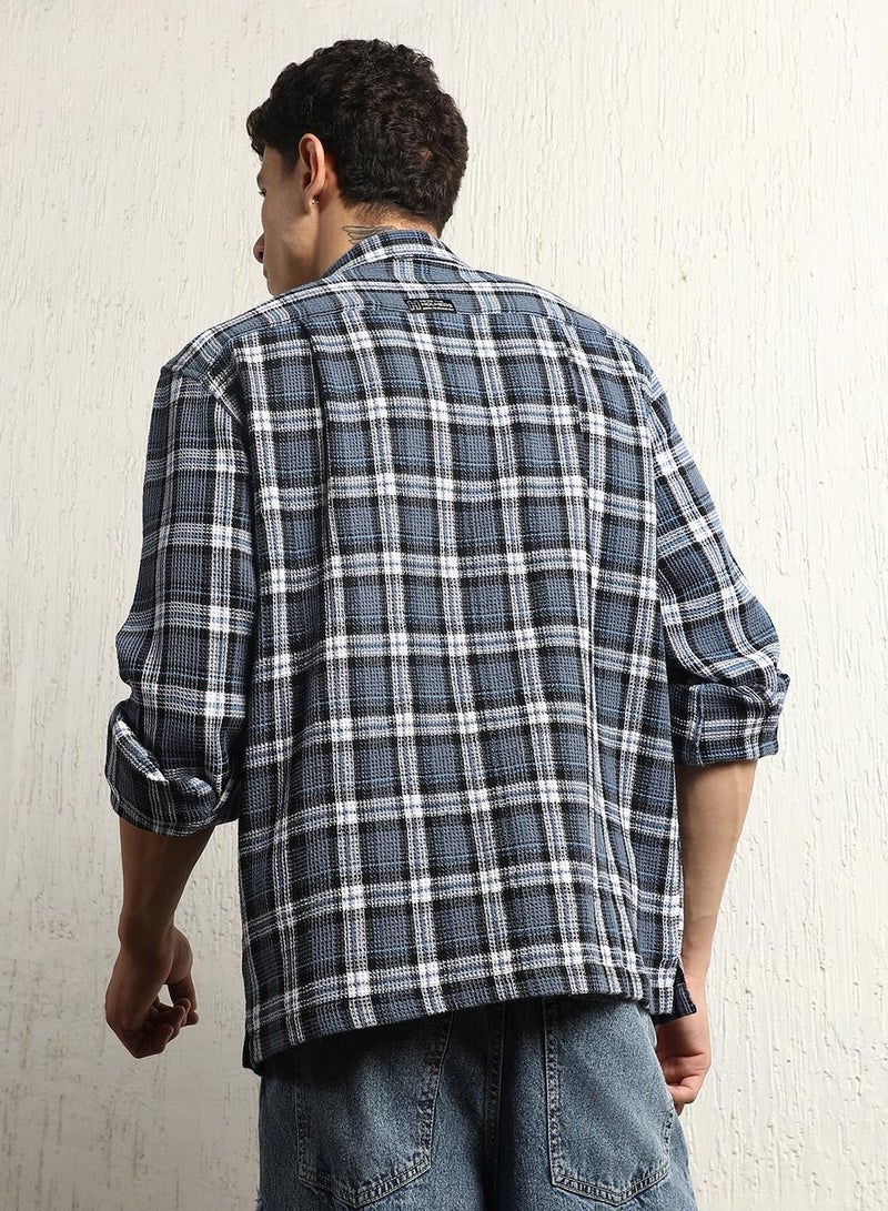 Oversized Cotton Casual Check Waffel Double Pocket Full Sleeve Shirt