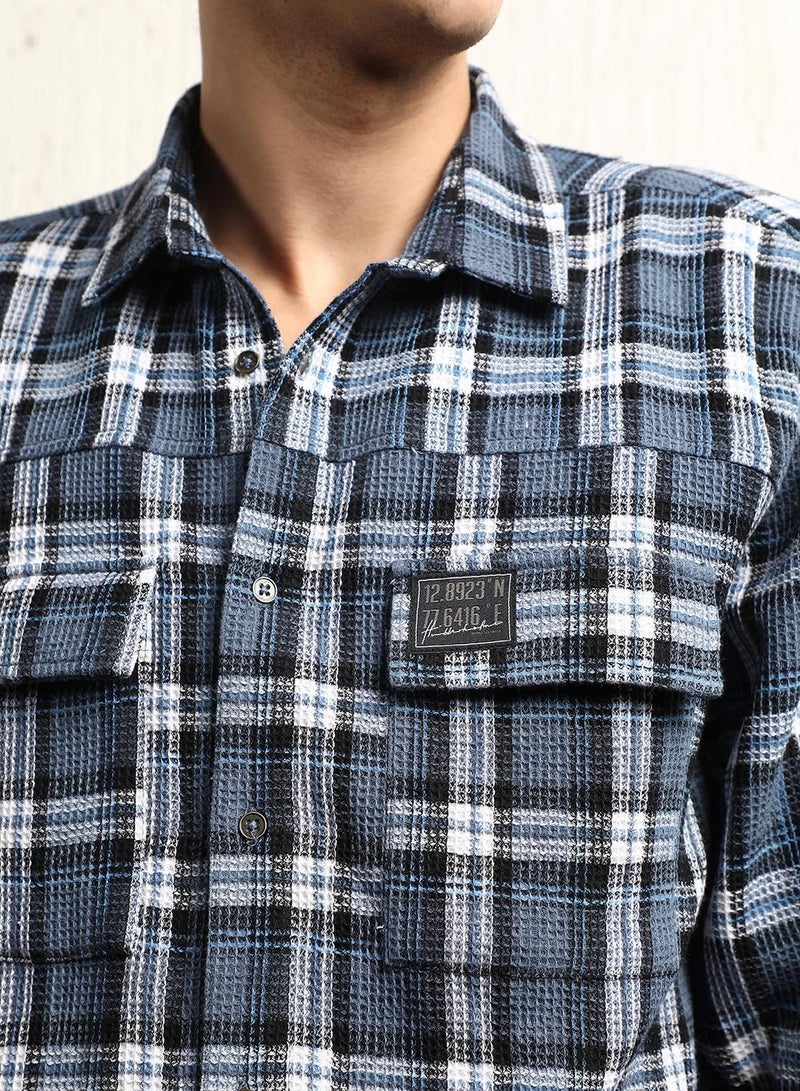 Oversized Cotton Casual Check Waffel Double Pocket Full Sleeve Shirt