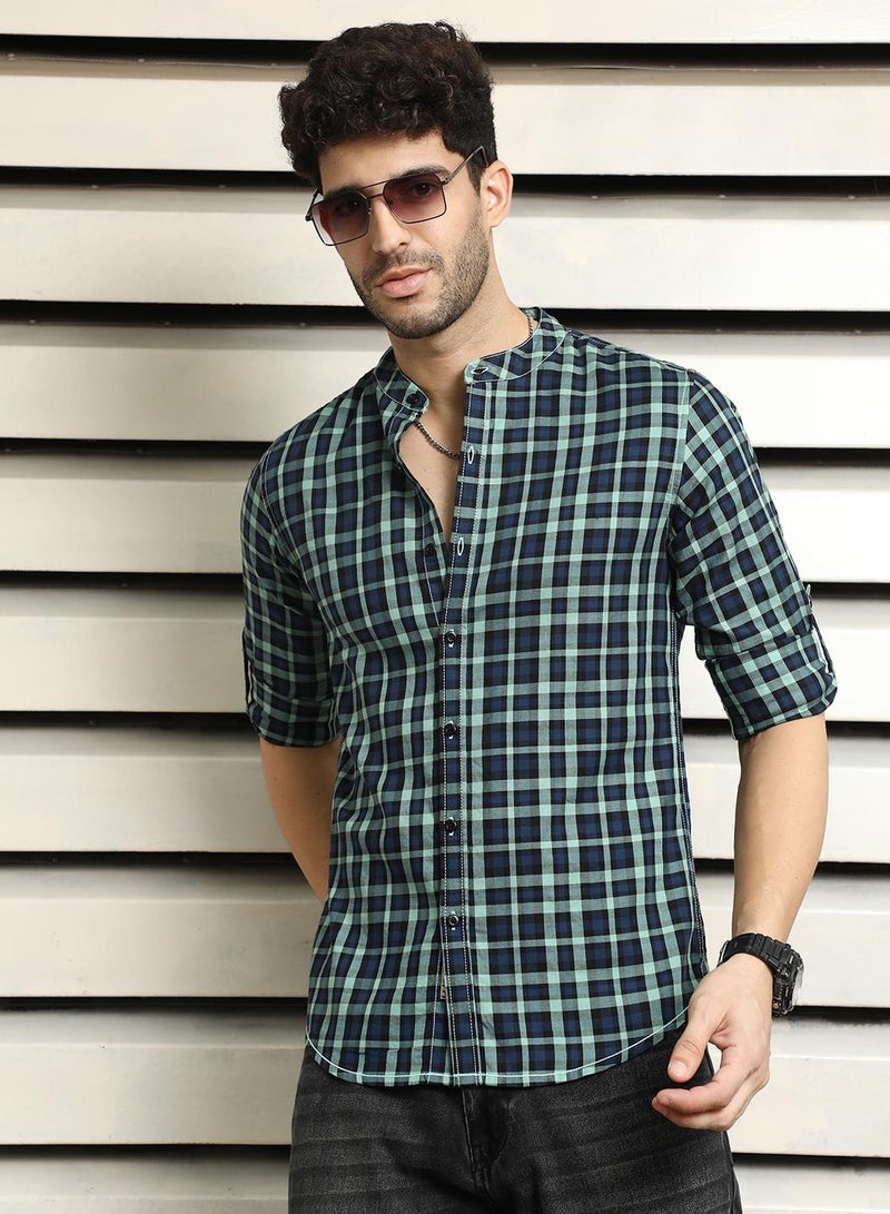 Men Mandarin Collar Checked Casual Shirt