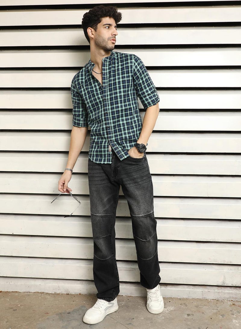 Men Mandarin Collar Checked Casual Shirt