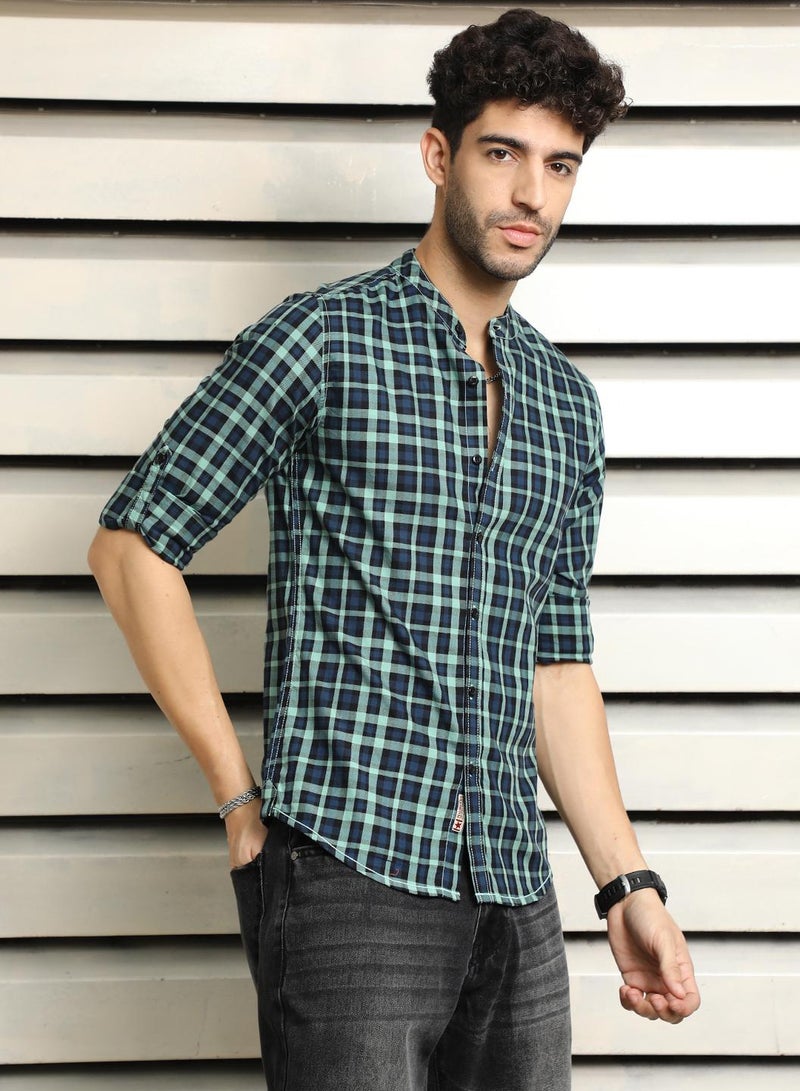 Men Mandarin Collar Checked Casual Shirt