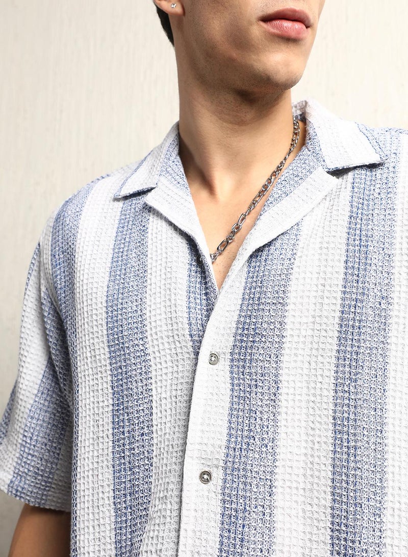 Cotton Relaxed Waffel Striped Half Sleeve Shirt