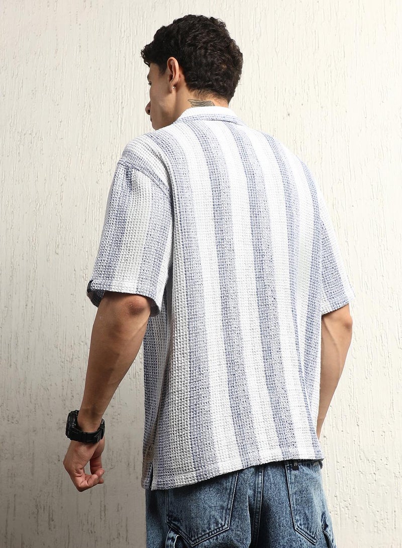 Cotton Relaxed Waffel Striped Half Sleeve Shirt