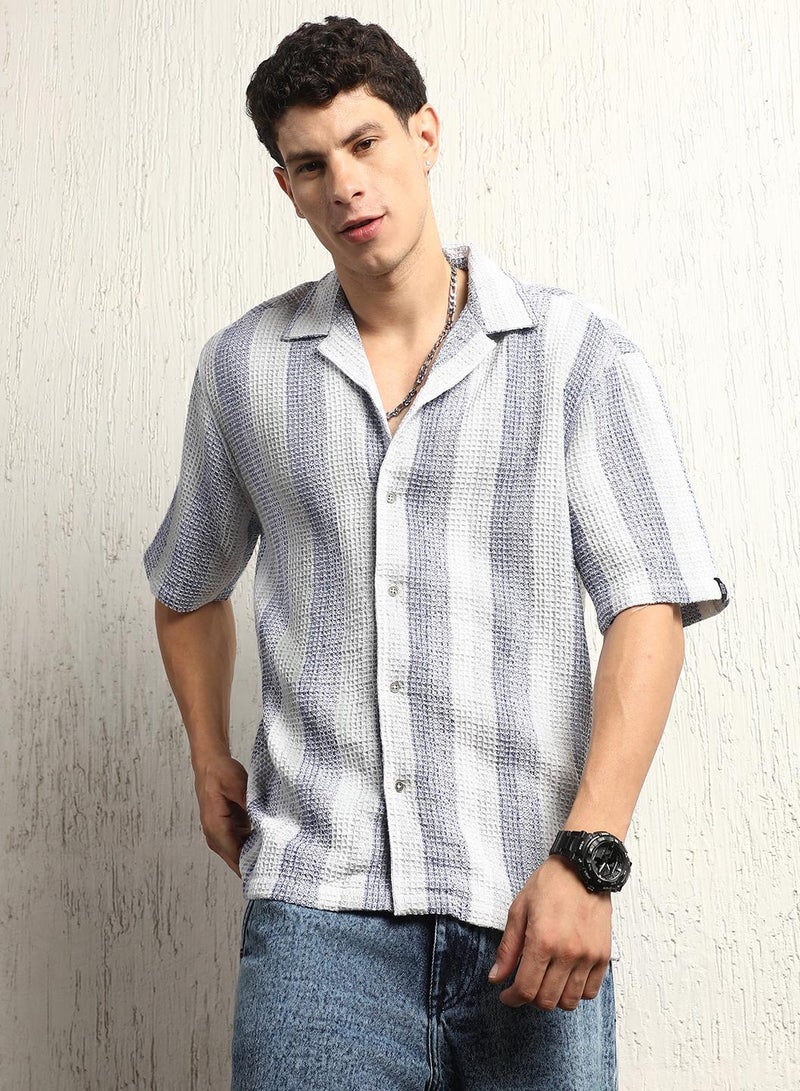 Cotton Relaxed Waffel Striped Half Sleeve Shirt