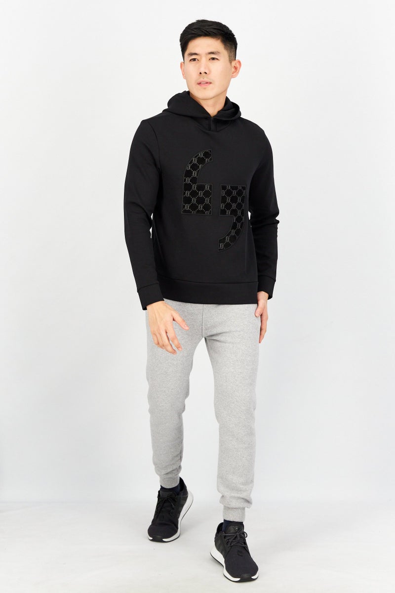 Men Embroidered Long Sleeve Hoodies, Black