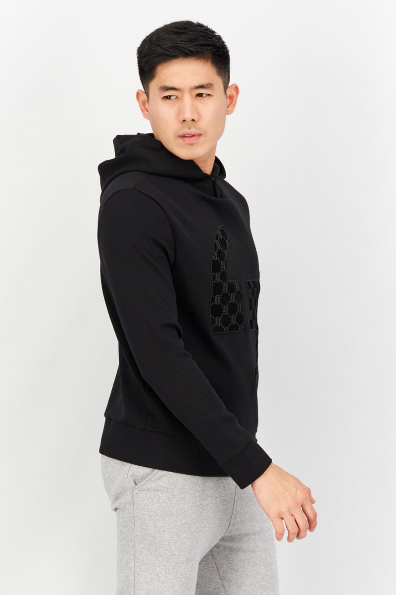 Men Embroidered Long Sleeve Hoodies, Black