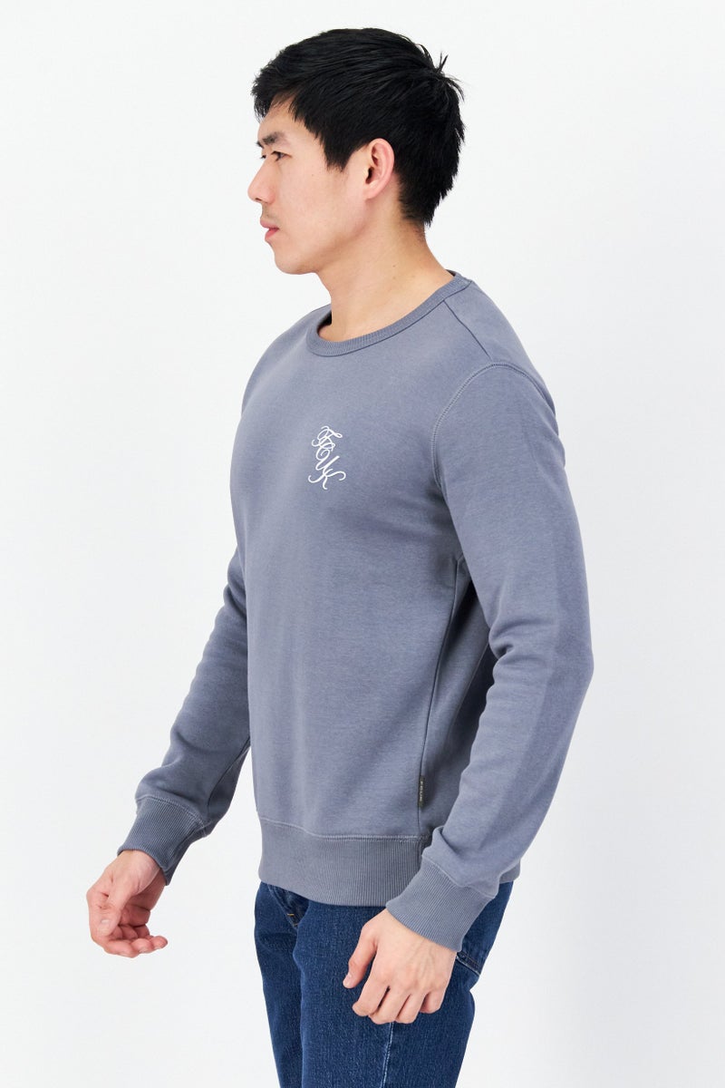 Men 2 Pcs Crew Neck Long Sleeve Brand Logo Sweatshirt, Slate Blue/Khaki