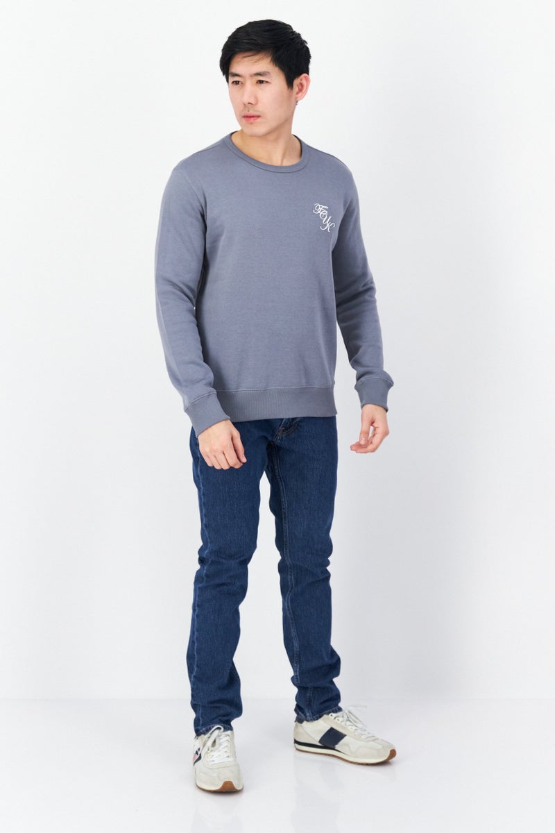 Men 2 Pcs Crew Neck Long Sleeve Brand Logo Sweatshirt, Slate Blue/Khaki