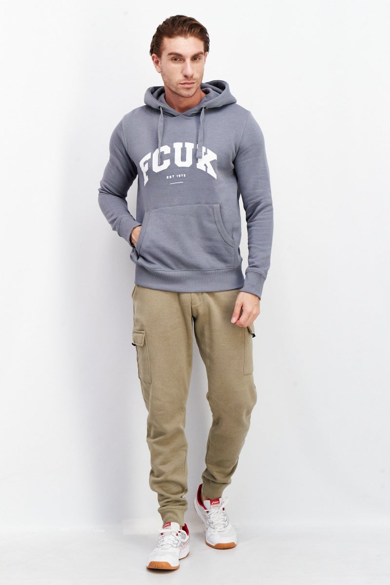 Men Brand Logo Hooded Fleece Sweatshirt, Grey