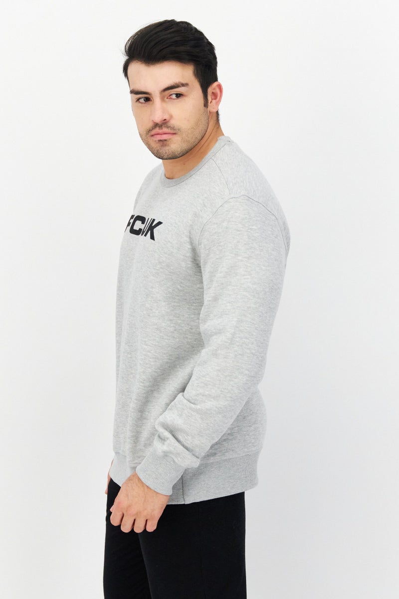 Men Crew Neck Brand Logo Long Sleeves Sweatshirt, Light Grey Heather