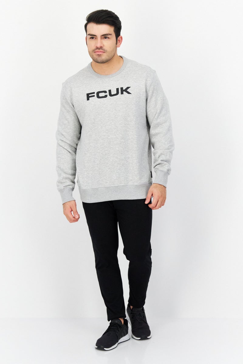 Men Crew Neck Brand Logo Long Sleeves Sweatshirt, Light Grey Heather