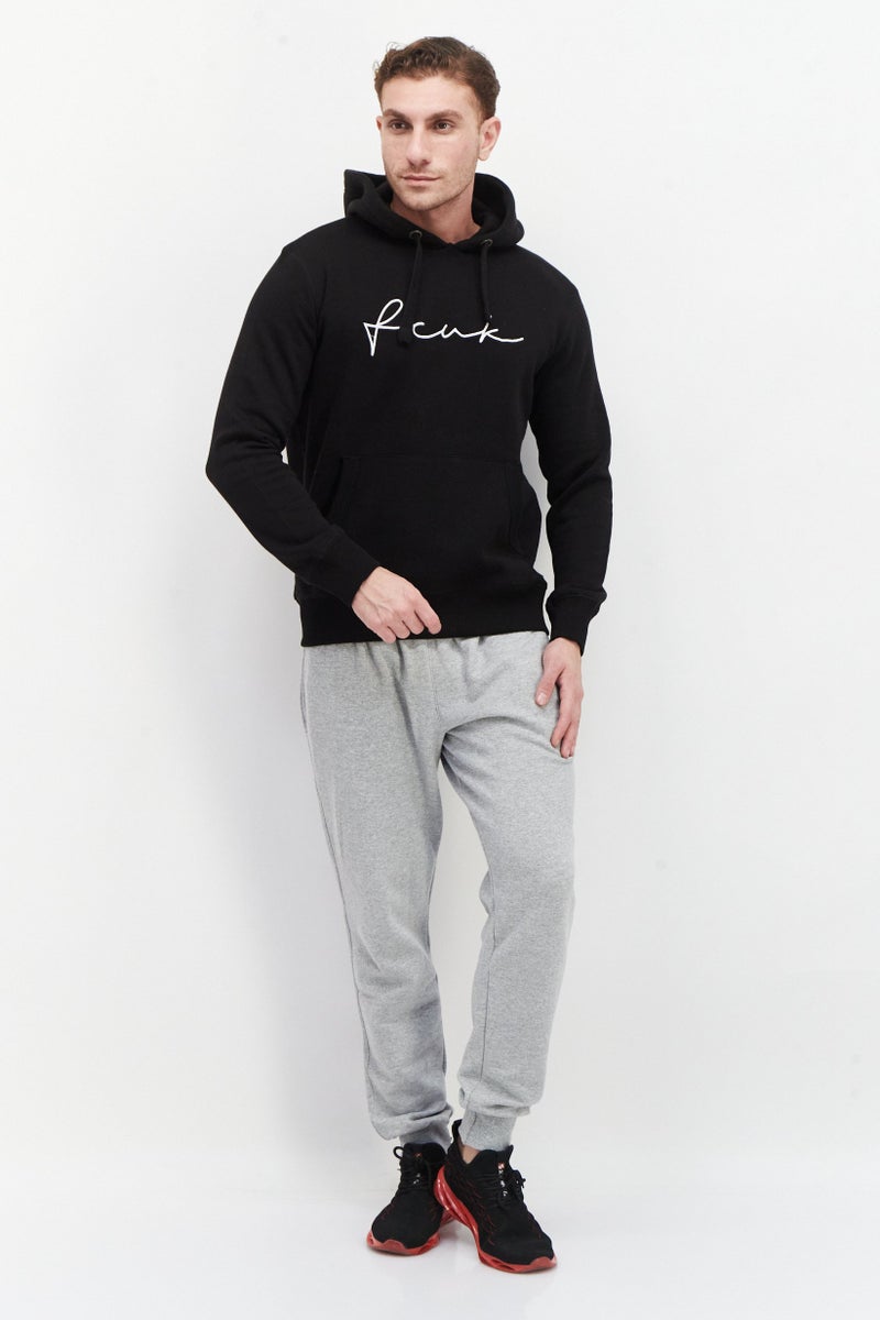 Men Hood with Drawstring Front Pocket Embroidered Logo Fleece Sweatshirts, Black