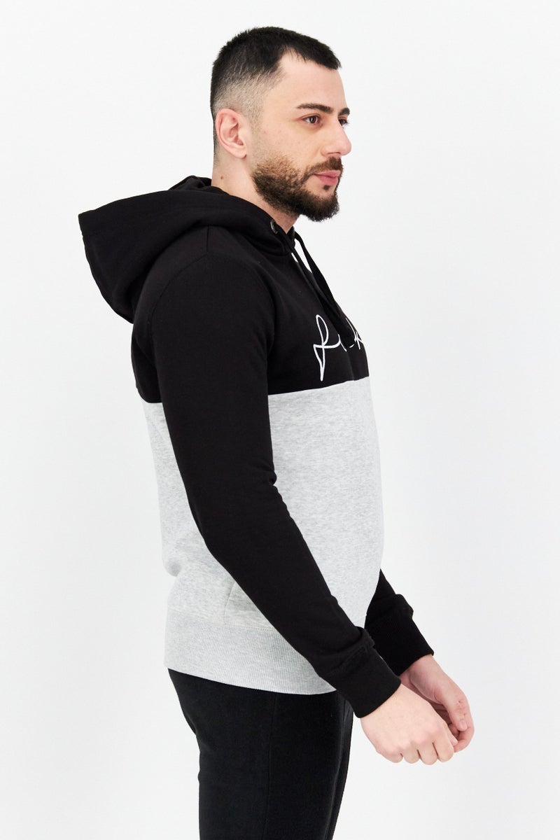 Men Hood with Drawstring Embroidered Fleece Sweatshirts, Black/Charcoal Marl