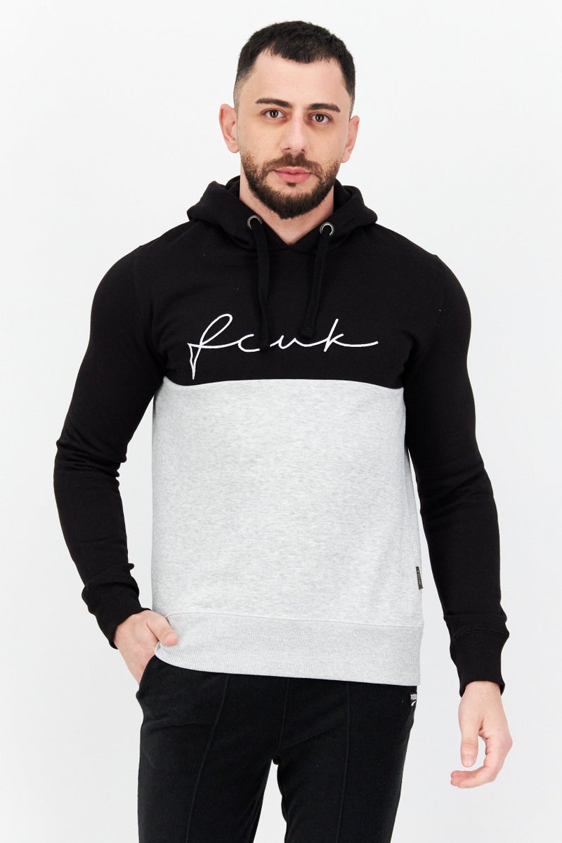 Men Hood with Drawstring Embroidered Fleece Sweatshirts, Black/Charcoal Marl