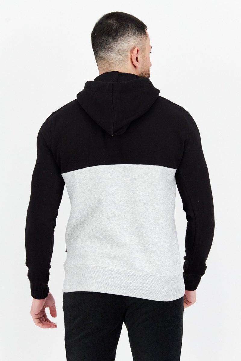 Men Hood with Drawstring Embroidered Fleece Sweatshirts, Black/Charcoal Marl