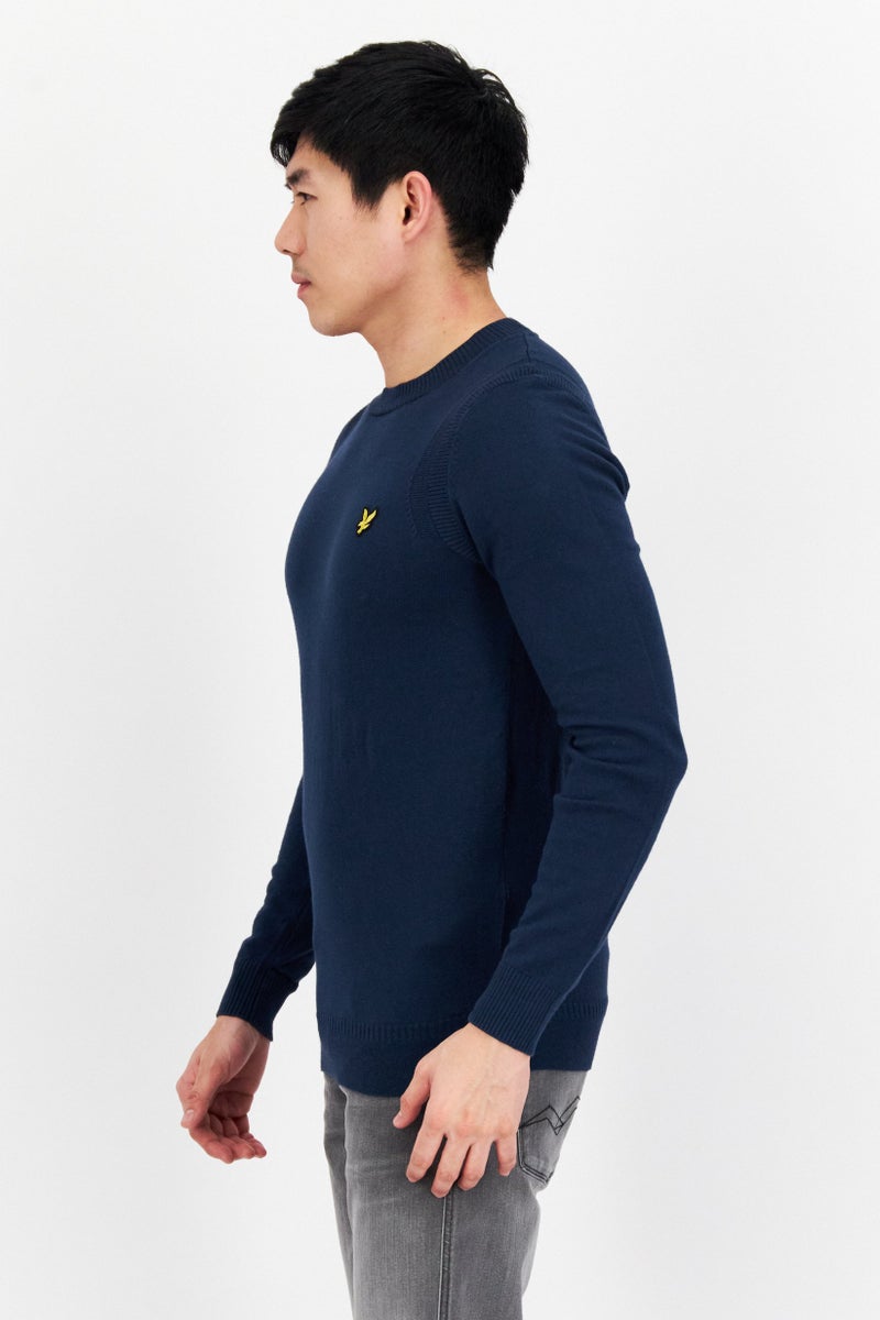 Men Crew Neck Long Sleeves Brand Logo Sweater, Navy