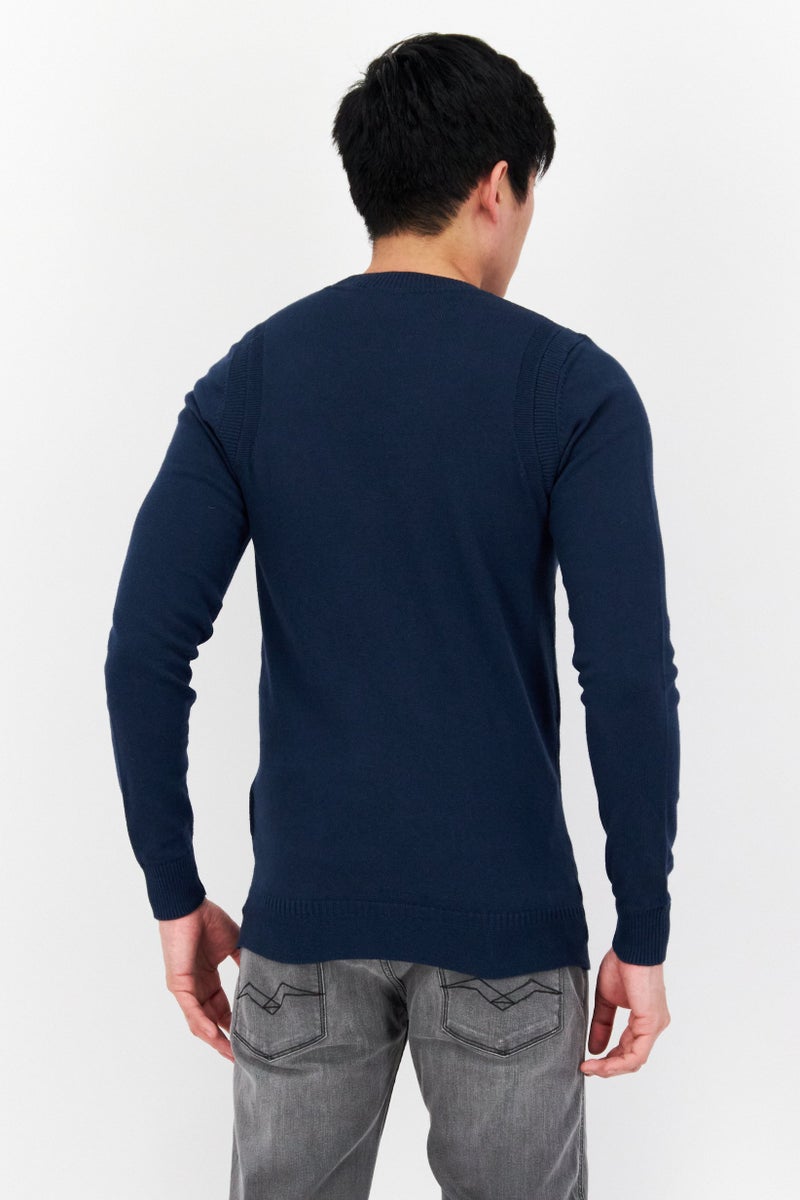 Men Crew Neck Long Sleeves Brand Logo Sweater, Navy