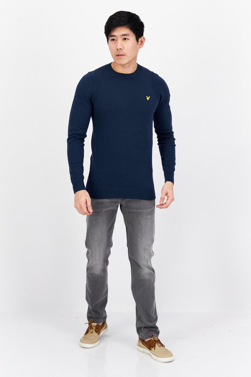 Men Crew Neck Long Sleeves Brand Logo Sweater, Navy