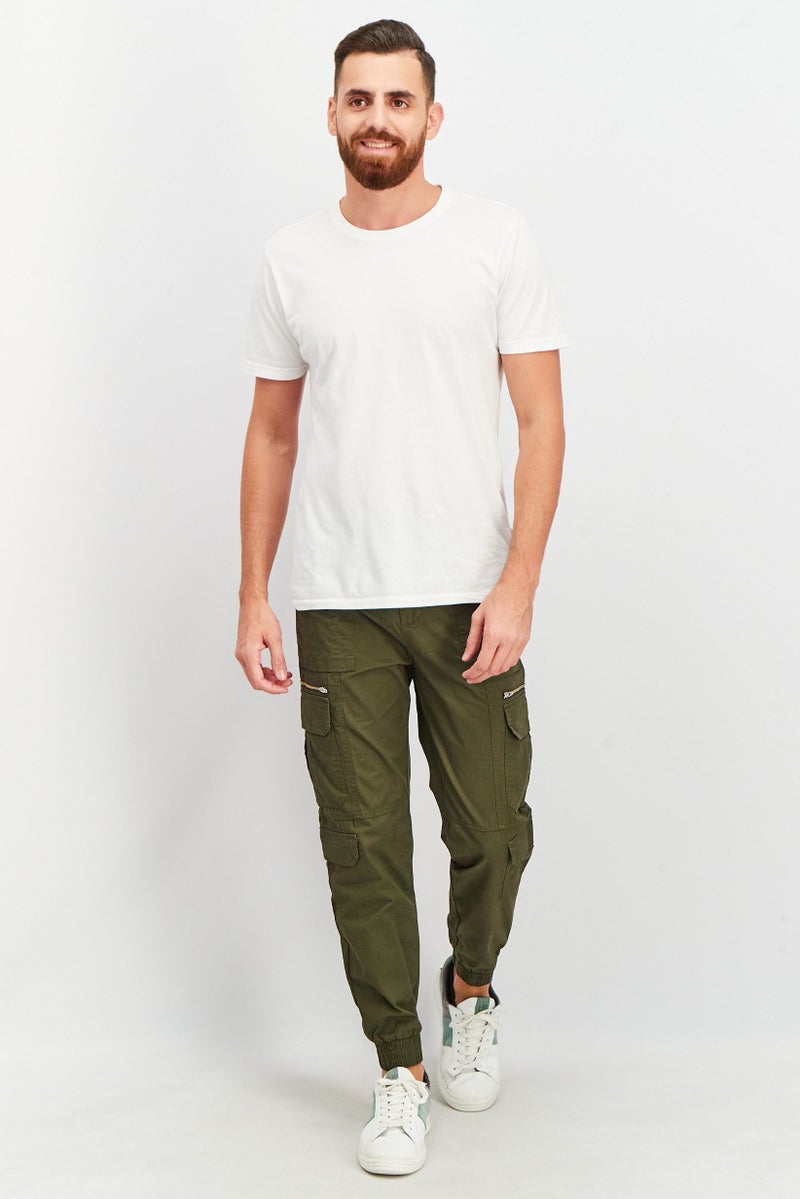 Men Luke Fit Solid Non Stretchable Cargo Pants, Olive