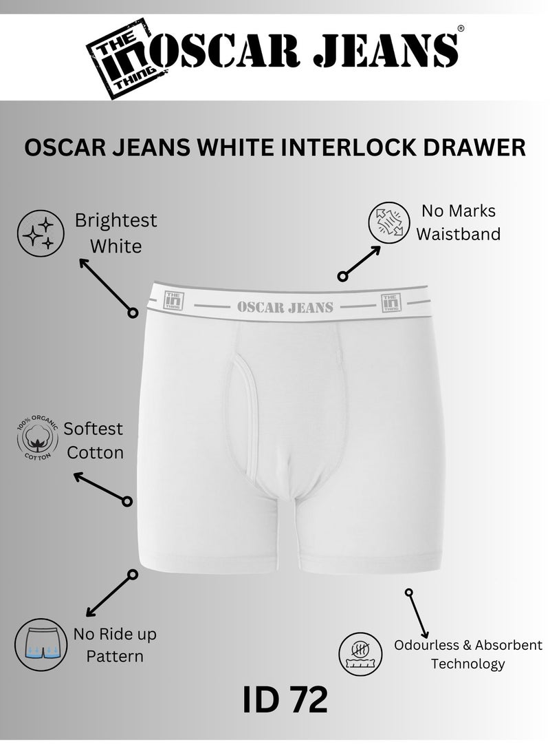 Premium Double Knit Organic 100 Percent Cotton Interlock (Ultrasoft Feel Both Inside and Outside) Super Combed Men's Underwear Boxer Briefs Breathable Antibacterial No Marks Waistband Brightest White Pack of 3