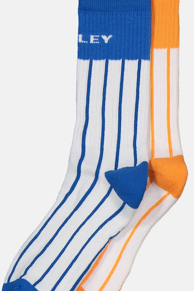 Men 2 Pairs Stripe Socks, Orange/Blue/White