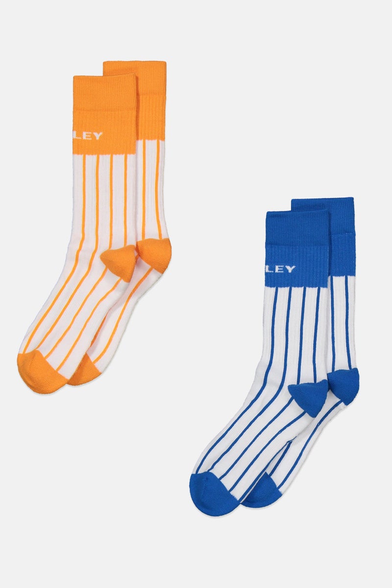 Men 2 Pairs Stripe Socks, Orange/Blue/White