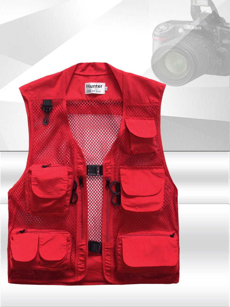 Multi-Pocket Mesh Fishing Vest for Men Red